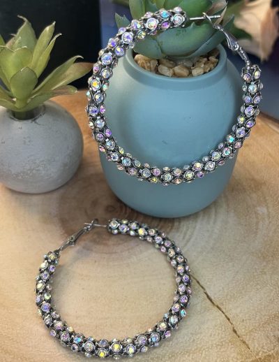 ✨ UShine.gr: Ατσάλινα Σκουλαρίκια Κρίκοι με Ιριδίζοντα Κρύσταλλα No 1425