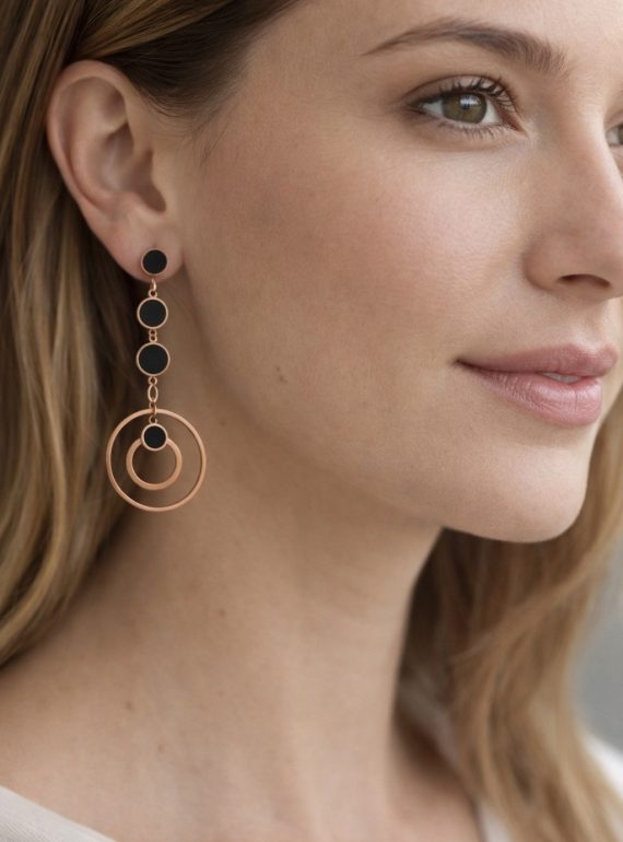 ✨ UShine.gr: Ατσάλινα Μακριά Σκουλαρίκια με Κύκλους & Μαύρες Λεπτομέρειες No 1427