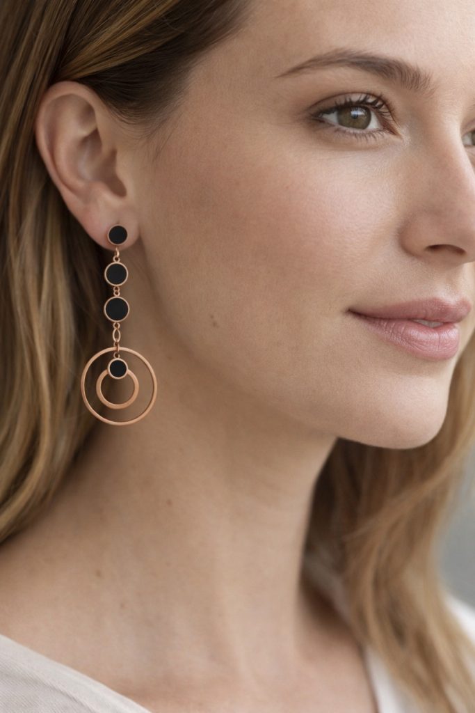 ✨ UShine.gr: Ατσάλινα Μακριά Σκουλαρίκια με Κύκλους & Μαύρες Λεπτομέρειες No 1427