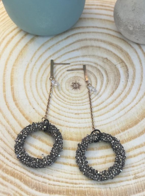 ✨ UShine.gr: Ατσάλινα Μακριά Σκουλαρίκια Κρίκοι με Σκούρα Κρύσταλλα No 1428