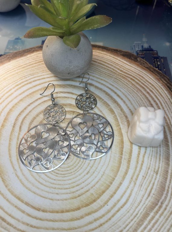 ✨ UShine.gr: Ατσάλινα Σκουλαρίκια Διπλού Κύκλου με Καρδιές No 1432