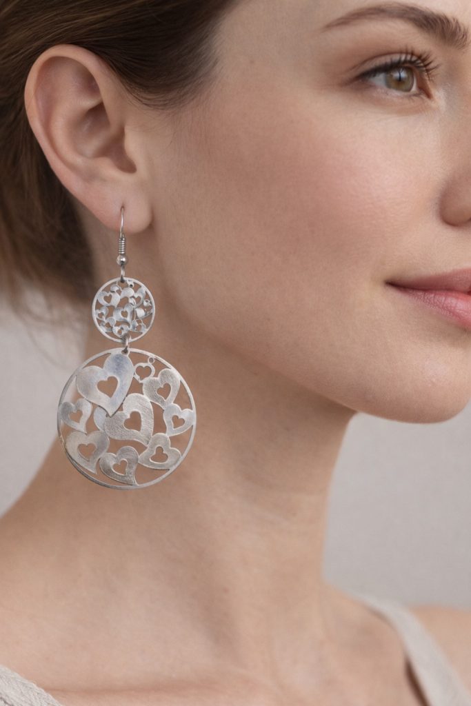 ✨ UShine.gr: Ατσάλινα Σκουλαρίκια Διπλού Κύκλου με Καρδιές No 1432