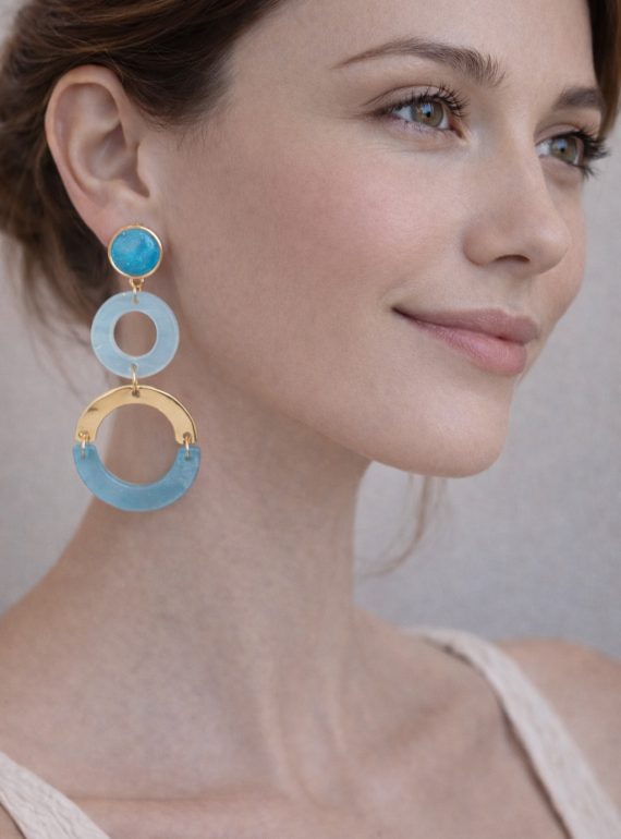 ✨ UShine.gr: Ατσάλινα Μακριά Σκουλαρίκια με Τιρκουάζ Πέτρα & Κρίκους No 1434