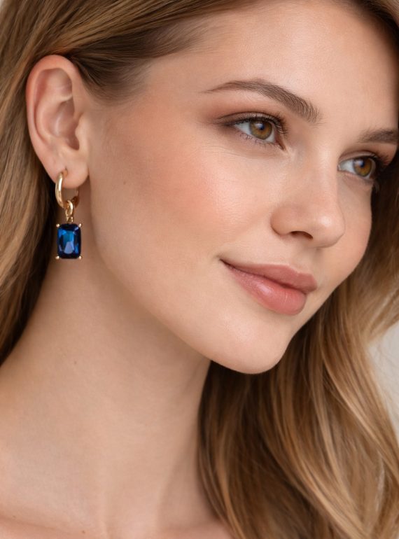 ✨ UShine.gr: Ατσάλινα Σκουλαρίκια με Μπλε Ορθογώνια Πέτρα σε Χρυσή Βάση No 1437