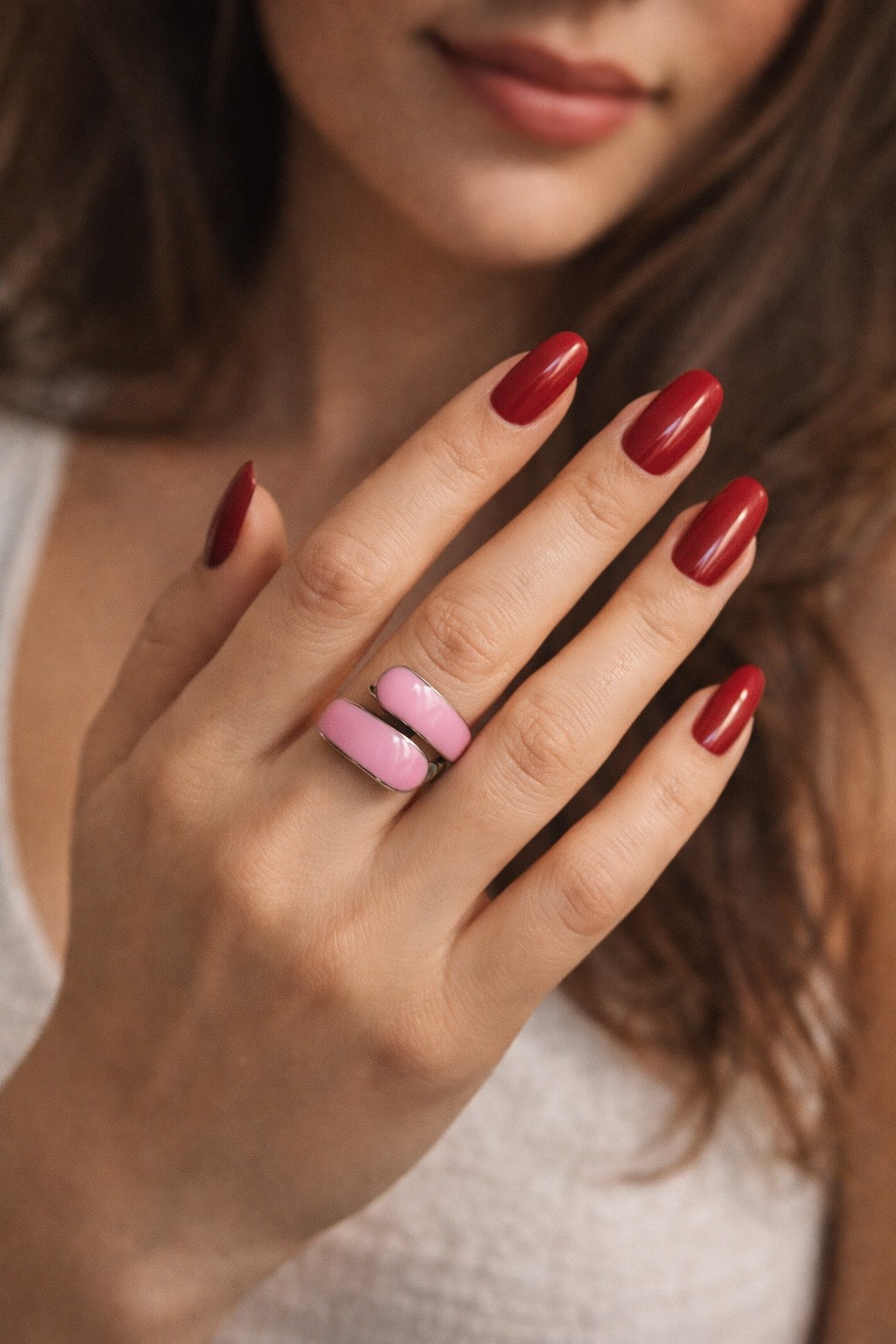 ✨ UShine.gr: Ατσάλινο δαχτυλίδι διπλής καμπύλης με ροζ σμάλτο No 1445