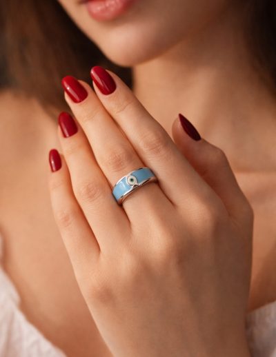 ✨ UShine.gr: Ατσάλινο δαχτυλίδι με γαλάζιο σμάλτο & μάτι προστασίας No 1447