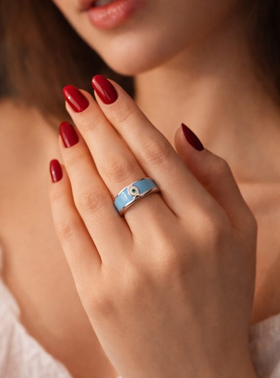 ✨ UShine.gr: Ατσάλινο δαχτυλίδι με γαλάζιο σμάλτο & μάτι προστασίας No 1447