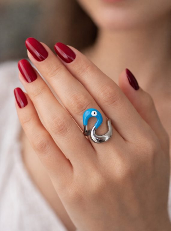 ✨ UShine.gr: Ατσάλινο δαχτυλίδι Κύκνος με γαλάζιο μάτι No 1451