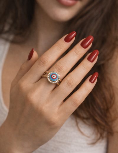 ✨ UShine.gr: Χάλκινο δαχτυλίδι μάτι με γαλάζιο σμάλτο & μοντέρνα καμπύλη No 1452