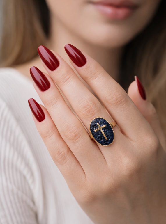 ✨ UShine.gr: Ατσάλινο δαχτυλίδι οβάλ με σταυρό & μπλε κρύσταλλο No 1455