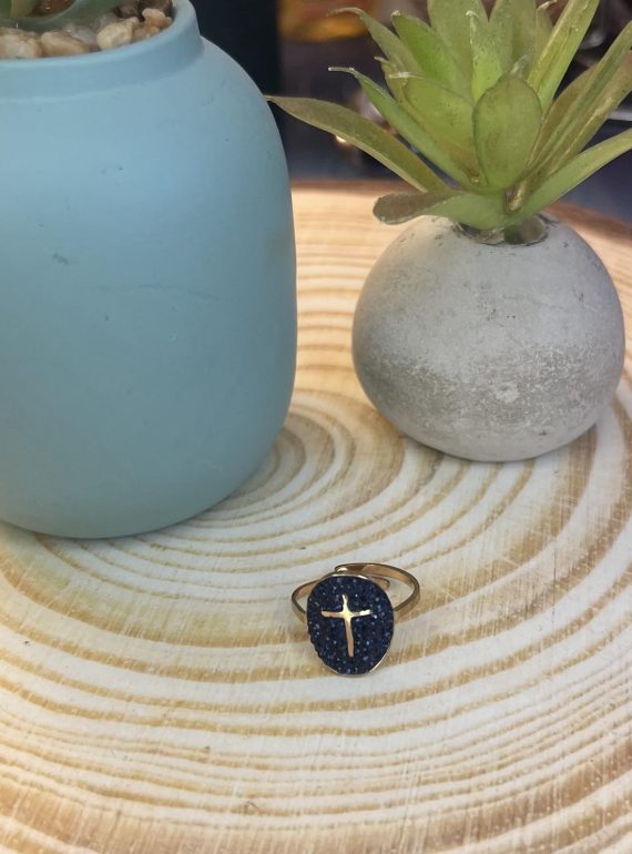 ✨ UShine.gr: Ατσάλινο δαχτυλίδι οβάλ με σταυρό & μπλε κρύσταλλο No 1455