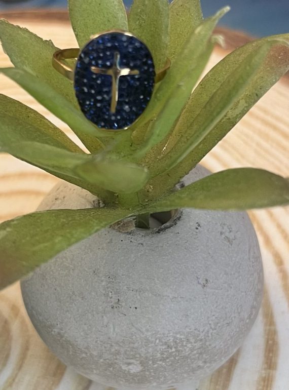 ✨ UShine.gr: Ατσάλινο δαχτυλίδι οβάλ με σταυρό & μπλε κρύσταλλο No 1455