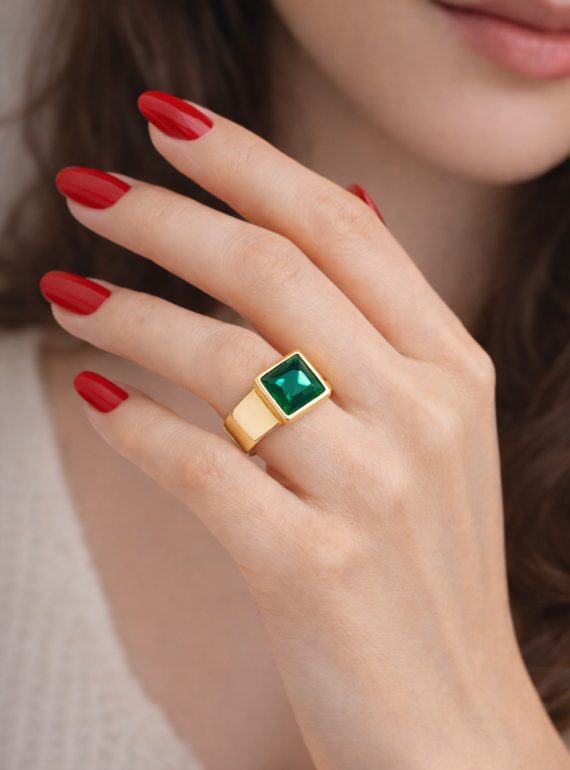 ✨ UShine.gr: Ατσάλινο δαχτυλίδι square με πράσινη πέτρα No 1458