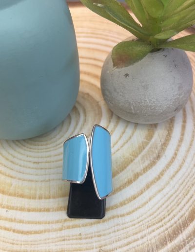 ✨ UShine.gr: Ατσάλινο Δαχτυλίδι Διπλής Καμπύλης με Γαλάζιο Σμάλτο No 1459