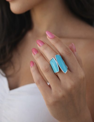 ✨ UShine.gr: Ατσάλινο Δαχτυλίδι Διπλής Καμπύλης με Γαλάζιο Σμάλτο No 1459