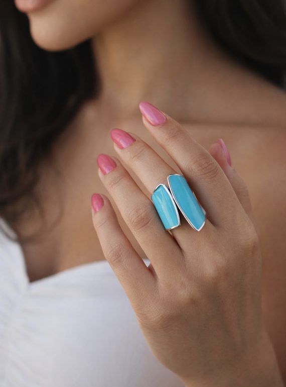 ✨ UShine.gr: Ατσάλινο Δαχτυλίδι Διπλής Καμπύλης με Γαλάζιο Σμάλτο No 1459