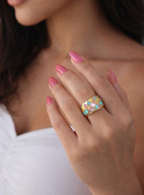 ✨ UShine.gr: Ατσάλινο δαχτυλίδι mosaic με πολύχρωμο σμάλτο No 1460