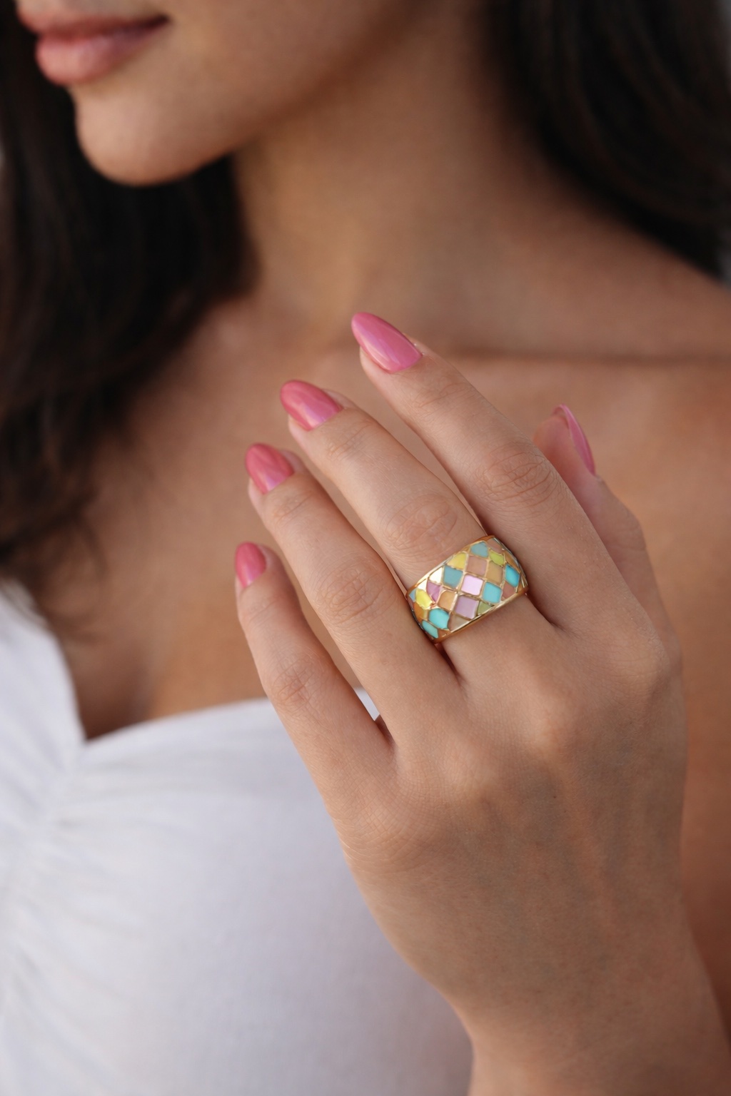 ✨ UShine.gr: Ατσάλινο δαχτυλίδι mosaic με πολύχρωμο σμάλτο No 1460