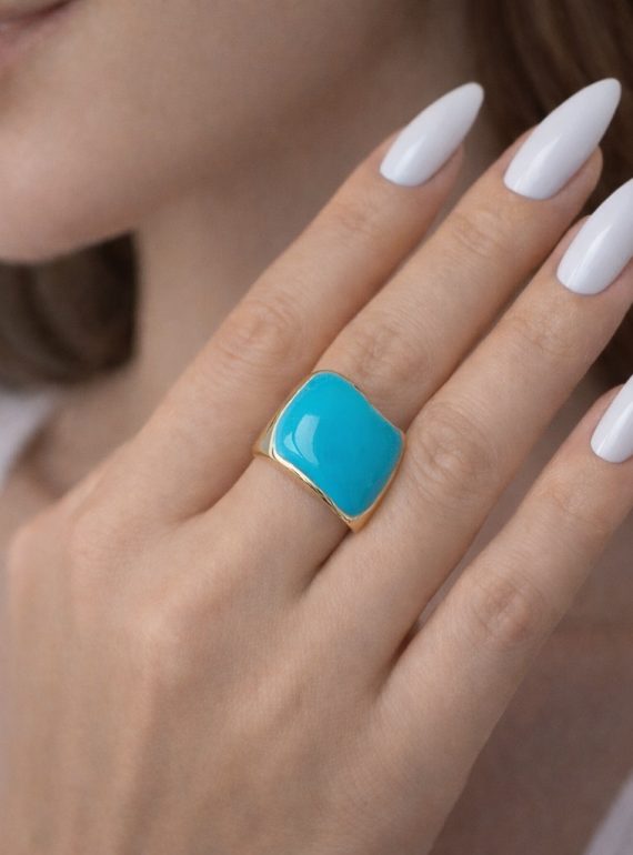 ✨ UShine.gr: Ατσάλινο δαχτυλίδι square με τιρκουάζ σμάλτο No 1463