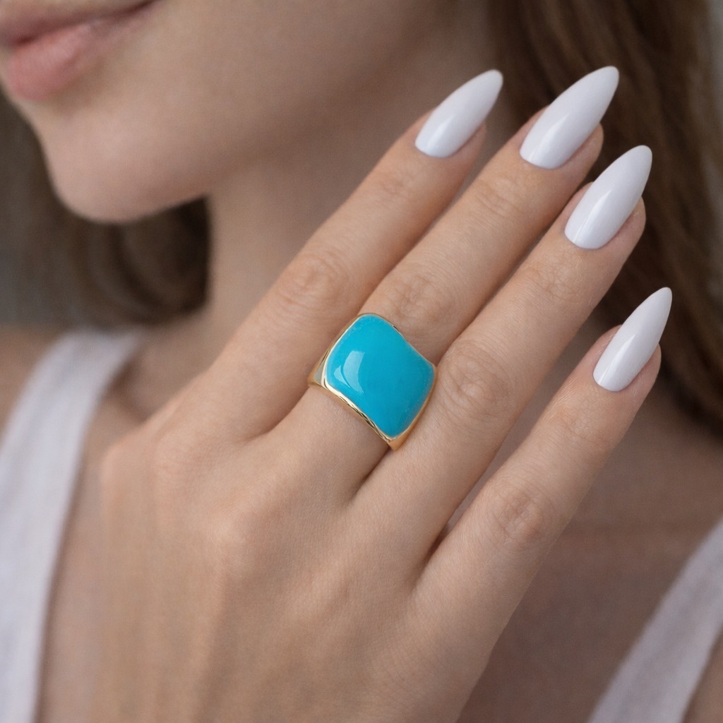 ✨ UShine.gr: Ατσάλινο δαχτυλίδι square με τιρκουάζ σμάλτο No 1463