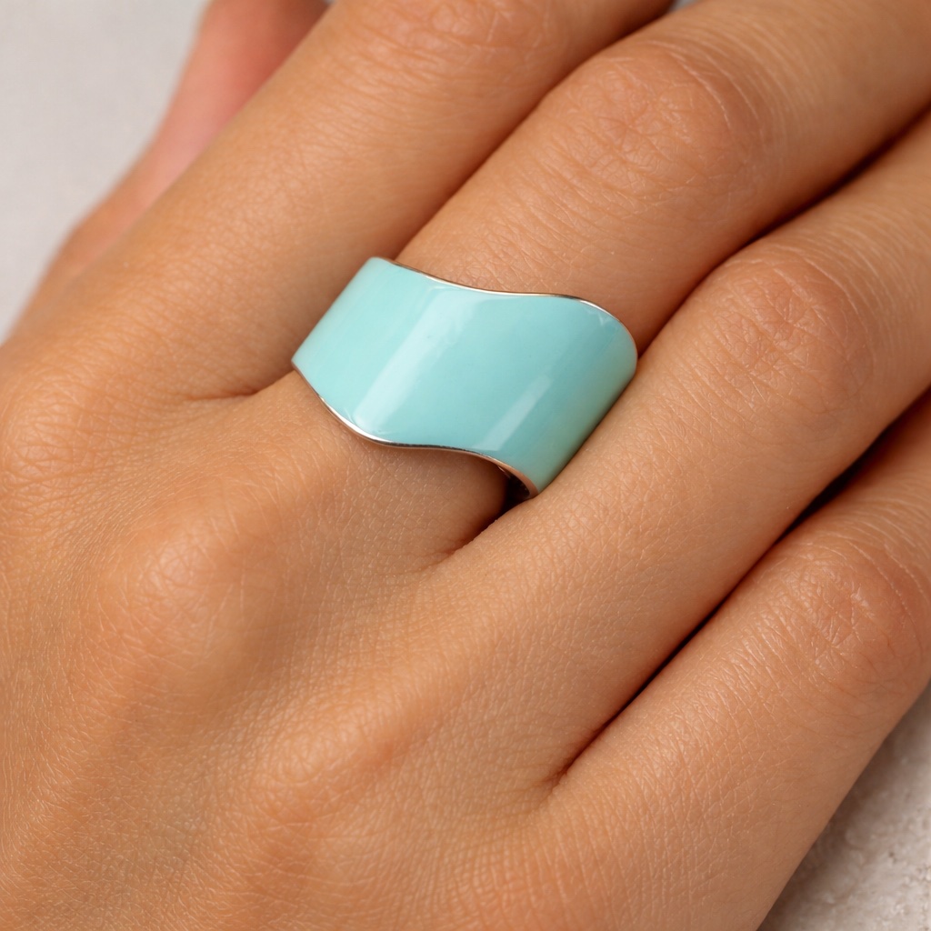 ✨ UShine.gr: Ατσάλινο Δαχτυλίδι με Κυματιστό Σχέδιο σε Γαλάζιο Σμάλτο No 3003