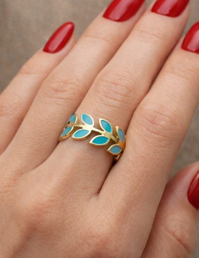 ✨ UShine.gr:Ατσάλινο Δαχτυλίδι Φύλλα με Τυρκουάζ Σμάλτο No 3005