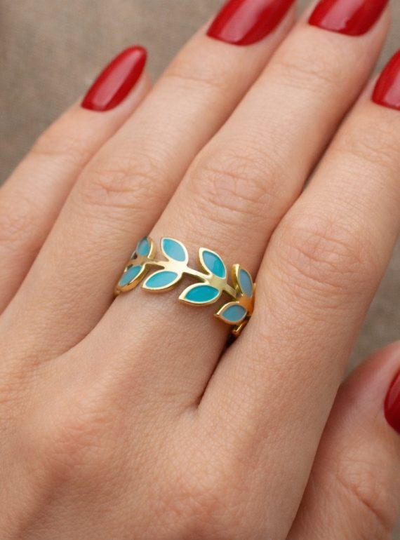 ✨ UShine.gr:Ατσάλινο Δαχτυλίδι Φύλλα με Τυρκουάζ Σμάλτο No 3005
