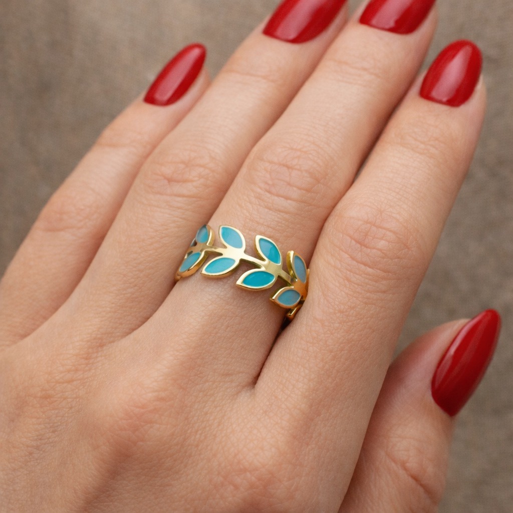 ✨ UShine.gr:Ατσάλινο Δαχτυλίδι Φύλλα με Τυρκουάζ Σμάλτο No 3005