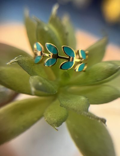 ✨ UShine.gr:Ατσάλινο Δαχτυλίδι Φύλλα με Τυρκουάζ Σμάλτο No 3005