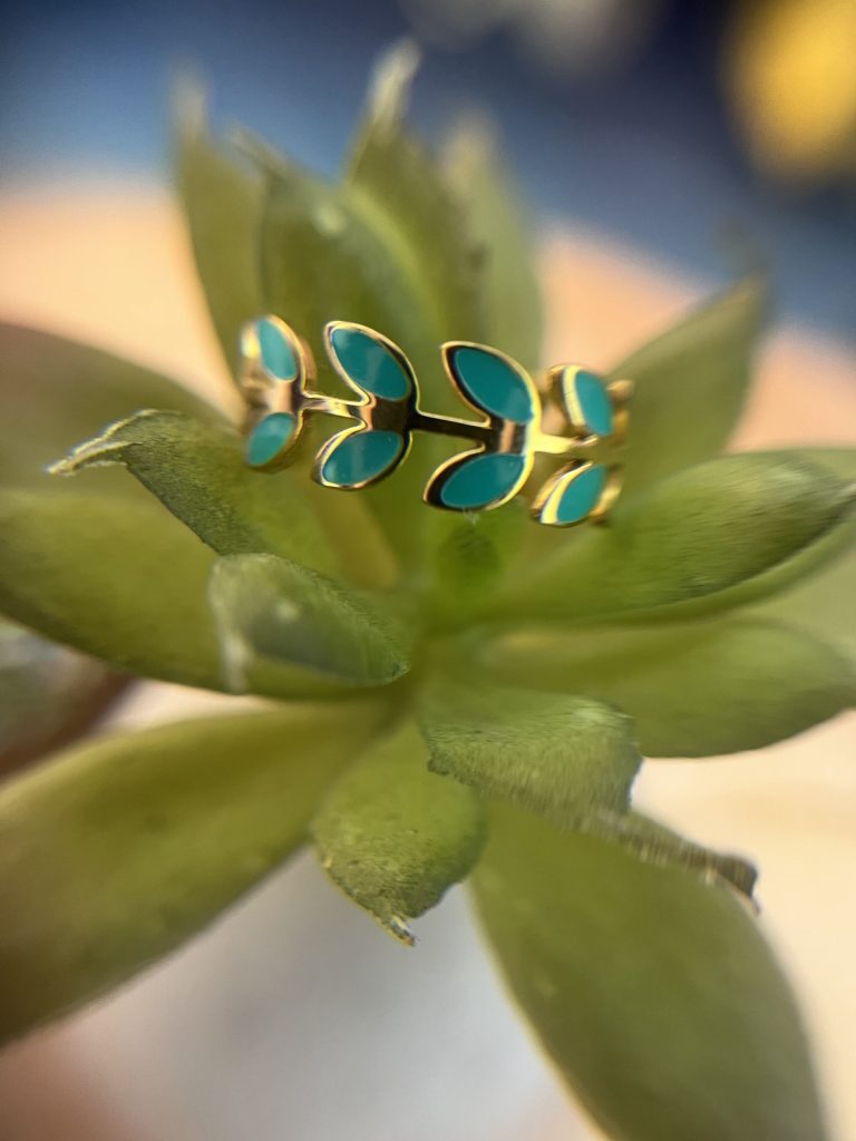 ✨ UShine.gr:Ατσάλινο Δαχτυλίδι Φύλλα με Τυρκουάζ Σμάλτο No 3005