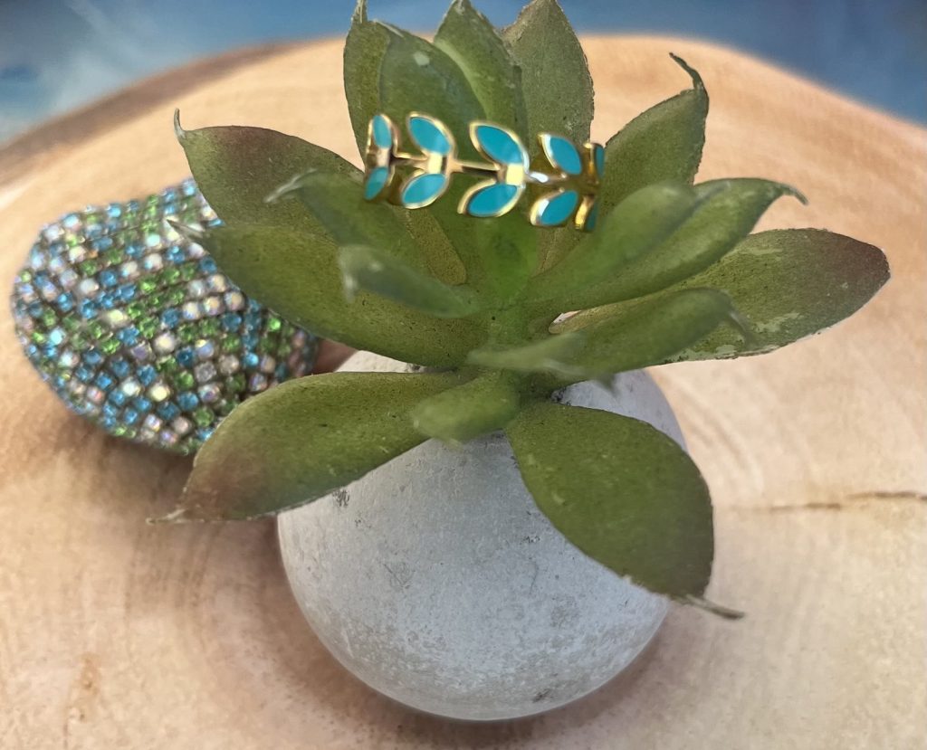 ✨ UShine.gr:Ατσάλινο Δαχτυλίδι Φύλλα με Τυρκουάζ Σμάλτο No 3005