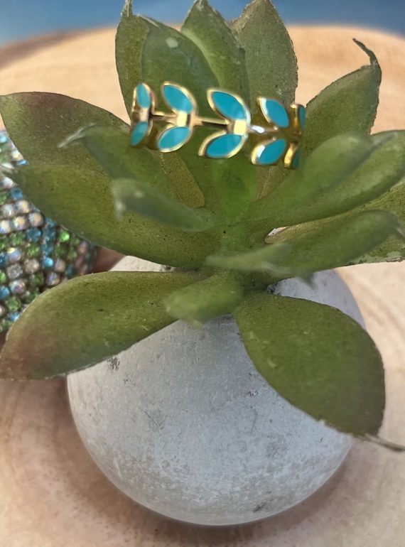 ✨ UShine.gr:Ατσάλινο Δαχτυλίδι Φύλλα με Τυρκουάζ Σμάλτο No 3005