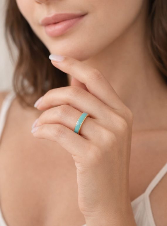 ✨ UShine.gr:Ατσάλινο Δαχτυλίδι Minimal με Τυρκουάζ Σμάλτο No 3006