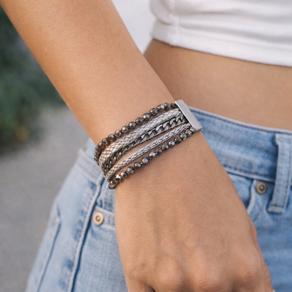 ✨ UShine.gr: Πολύσειρο Βραχιόλι με Αλυσίδες & Χάντρες Αιματίτη No 1517