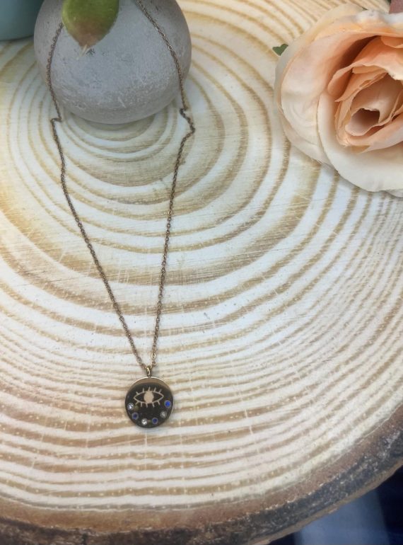 ✨ UShine.gr: Ατσάλινο κολιέ μάτι με μπλε & λευκές πέτρες No 1470