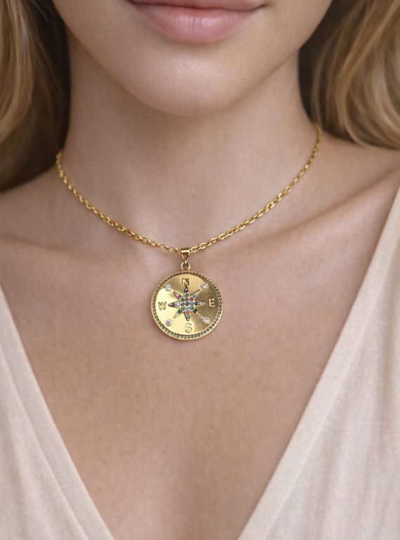 ✨ UShine.gr: Ατσάλινο κολιέ πυξίδα με πολύχρωμες πέτρες No 1471