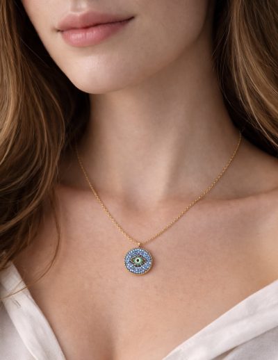 ✨ UShine.gr: Ατσάλινο κολιέ «Μάτι» με μπλε κρυστάλλους & χρυσό τόνο No 1478