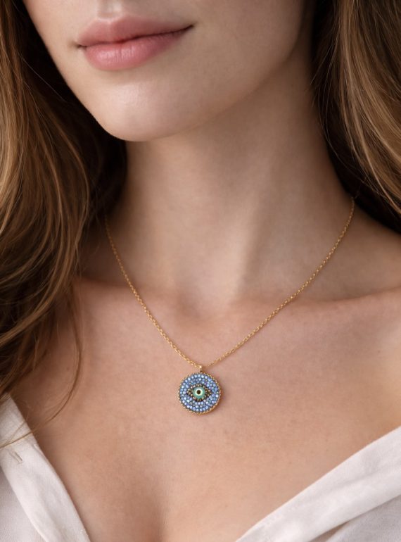 ✨ UShine.gr: Ατσάλινο κολιέ «Μάτι» με μπλε κρυστάλλους & χρυσό τόνο No 1478
