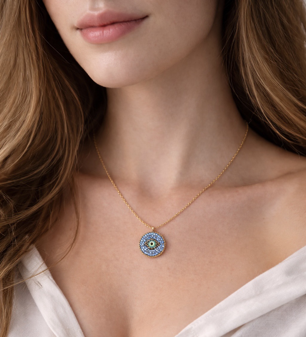 ✨ UShine.gr: Ατσάλινο κολιέ «Μάτι» με μπλε κρυστάλλους & χρυσό τόνο No 1478