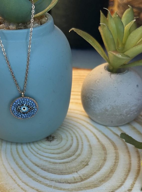 ✨ UShine.gr: Ατσάλινο κολιέ «Μάτι» με μπλε κρυστάλλους & χρυσό τόνο No 1478