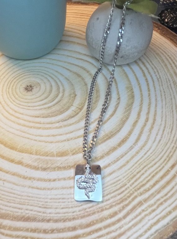 ✨ UShine.gr: Ατσάλινο κολιέ με ανάγλυφο φίδι & λαμπερές λεπτομέρειες No 1481