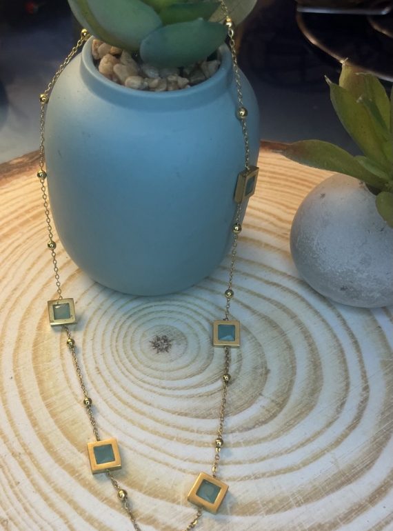 ✨ UShine.gr: Ατσάλινο κολιέ με γεωμετρικά στοιχεία & πράσινες πέτρες No 1485