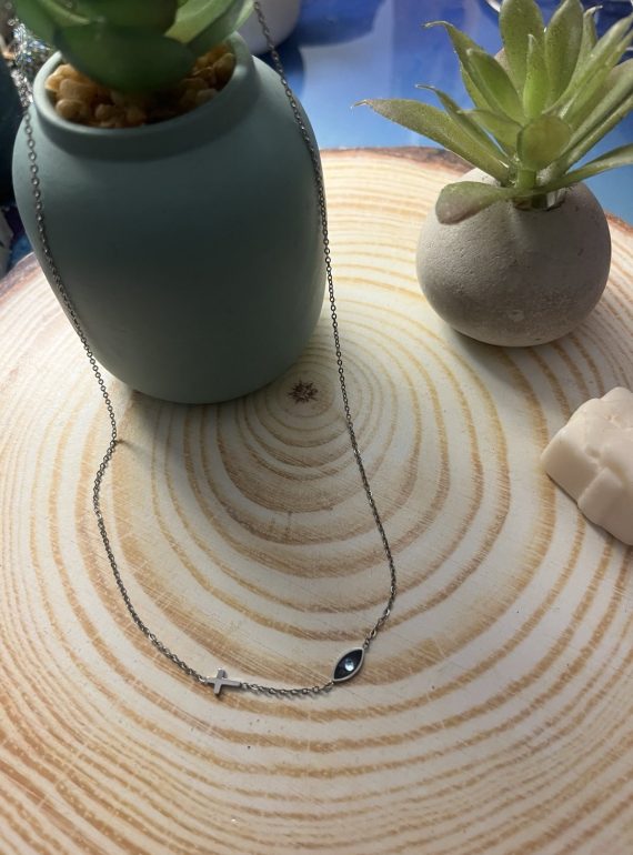 ✨ UShine.gr: Ατσάλινο Κολιέ Σταυρός & Μαύρο Μάτι No 2003