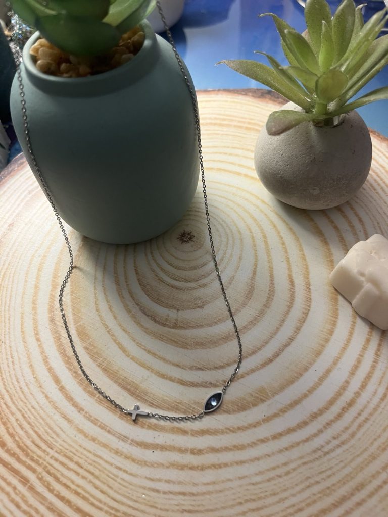 ✨ UShine.gr: Ατσάλινο Κολιέ Σταυρός & Μαύρο Μάτι No 2003