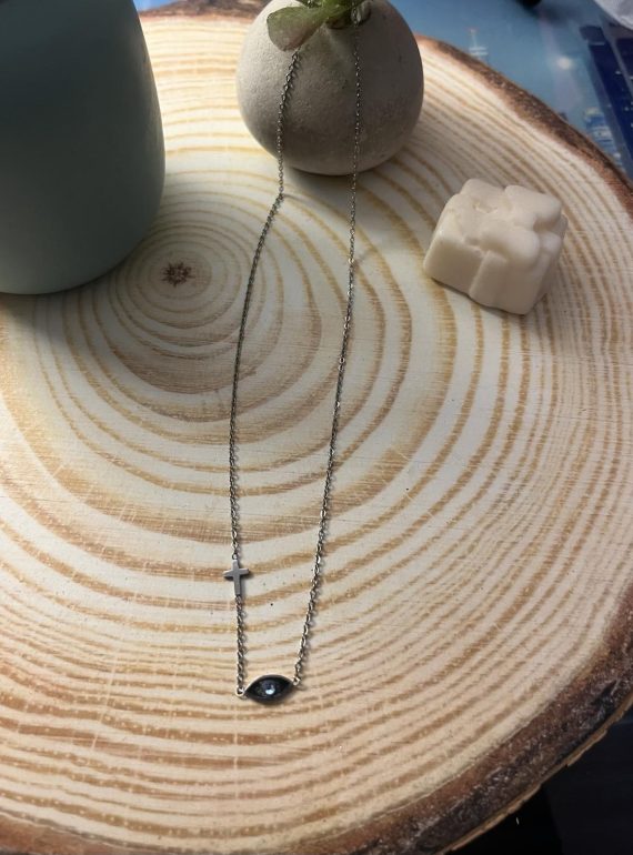 ✨ UShine.gr: Ατσάλινο Κολιέ Σταυρός & Μαύρο Μάτι No 2003