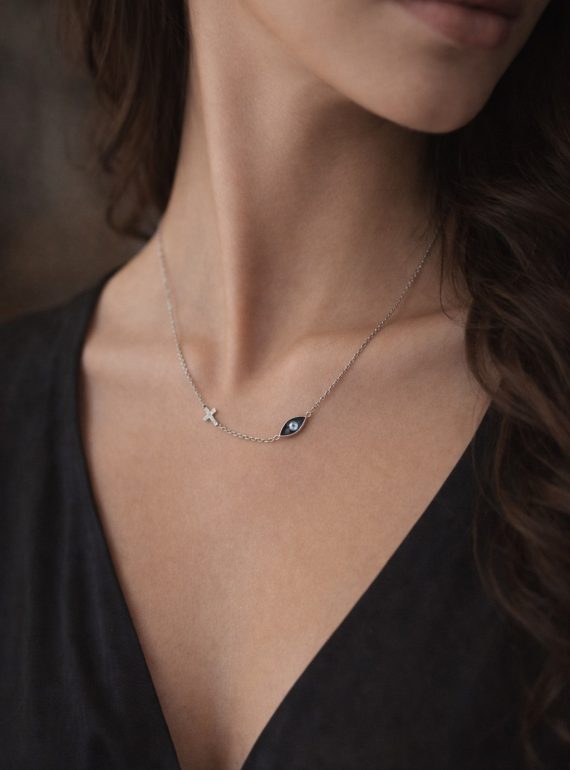 ✨ UShine.gr: Ατσάλινο Κολιέ Σταυρός & Μαύρο Μάτι No 2003