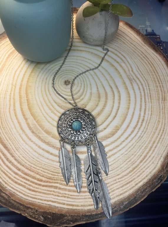 ✨ UShine.gr: Boho Κολιέ Dreamcatcher με Τιρκουάζ Πέτρα & Φτερά No 2007