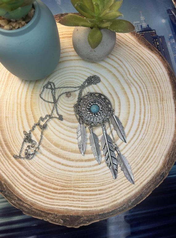 ✨ UShine.gr: Boho Κολιέ Dreamcatcher με Τιρκουάζ Πέτρα & Φτερά No 2007