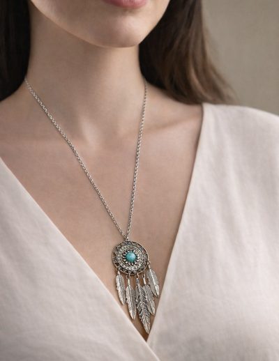 ✨ UShine.gr: Boho Κολιέ Dreamcatcher με Τιρκουάζ Πέτρα & Φτερά No 2007