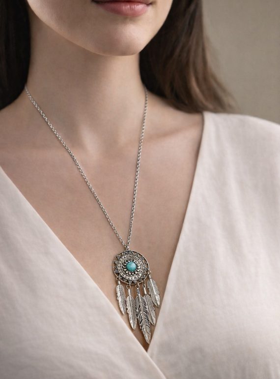 ✨ UShine.gr: Boho Κολιέ Dreamcatcher με Τιρκουάζ Πέτρα & Φτερά No 2007